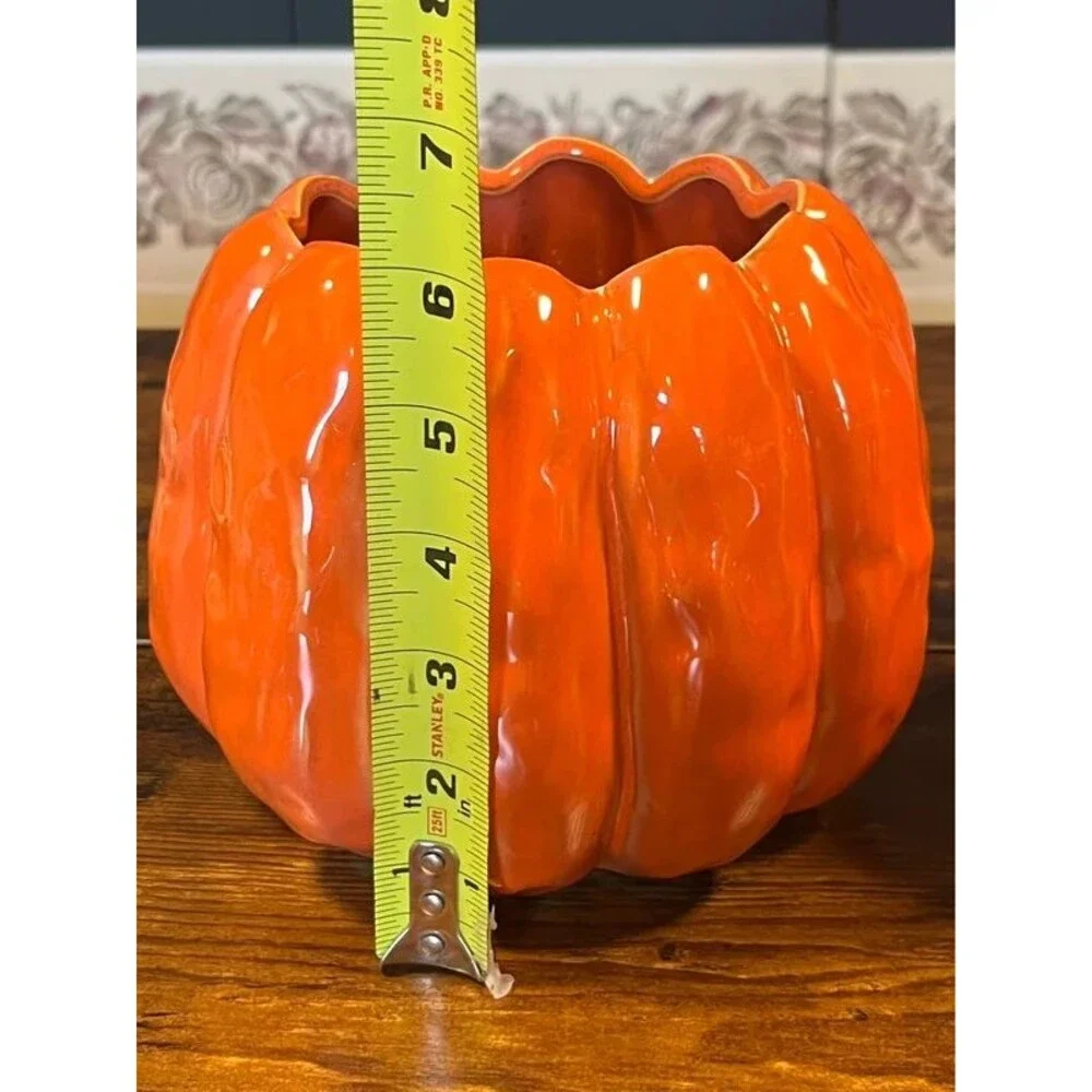 Set of 2 Orange Ceramic Pumpkin Planters – Fall Halloween Décor